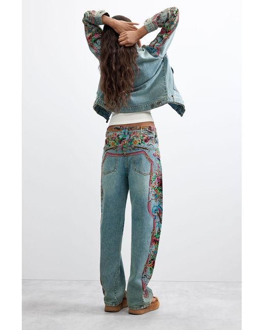 Desigual Blue Printed Denim Trousers, Cotton