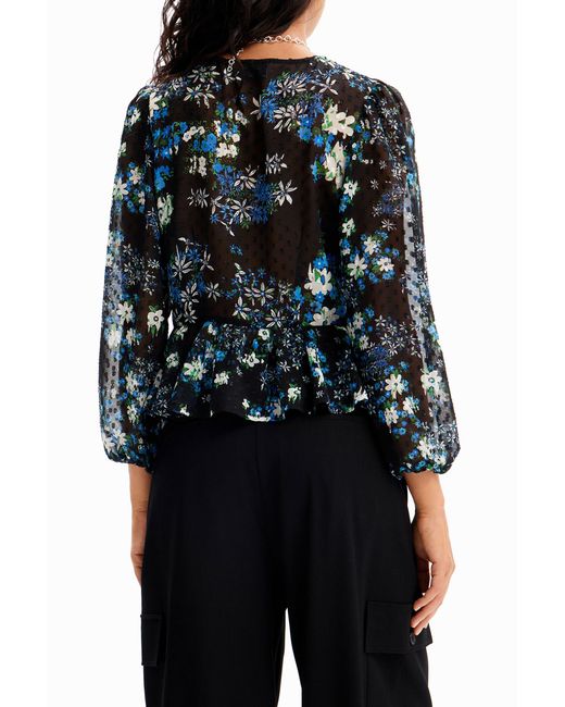 Desigual Blue Floral Plumetis Blouse, Polyester