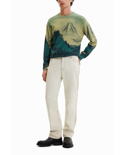 Desigual Green Thin Landscape Pullover, Cotton for men