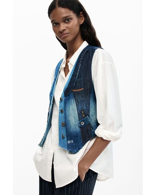 Desigual Blue Patchwork Denim Vest, Cotton