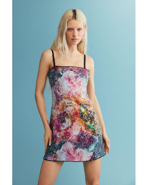 Desigual Blue Sequin Flower Dress, Viscose