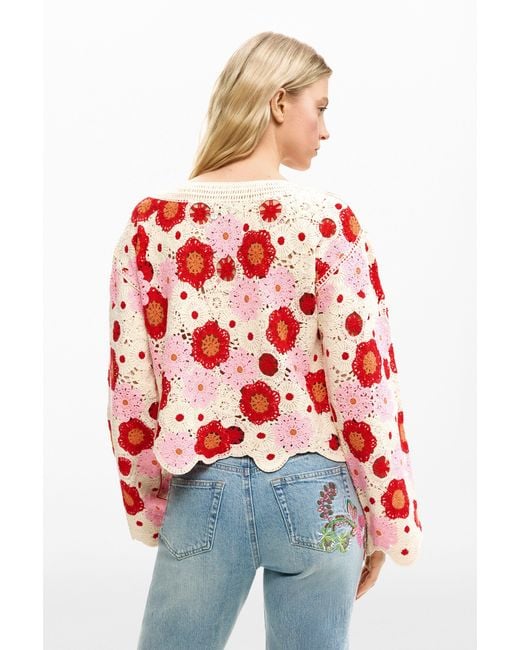 Desigual Red Crochet Flower Sweater
