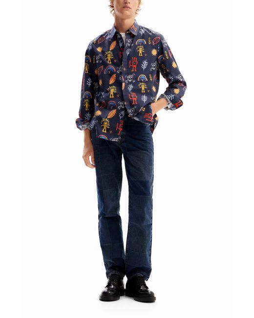 Desigual Blue Arty Poplin Shirt, Cotton for men