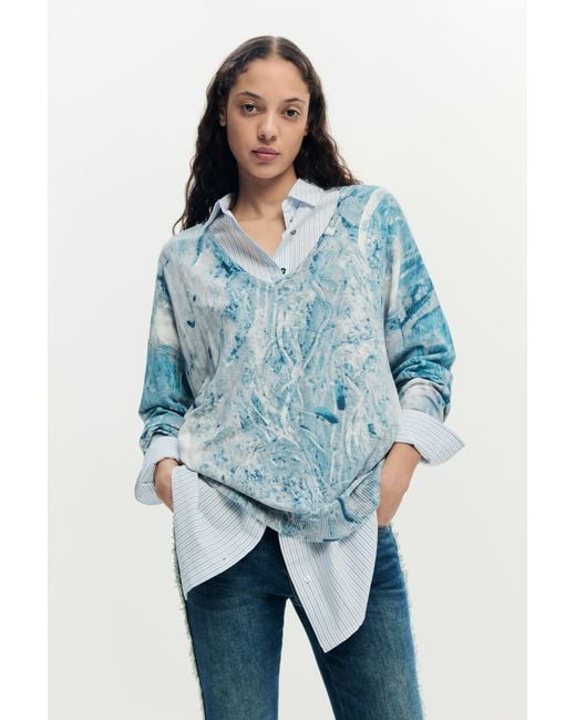 Desigual Blue V-Neck Sweater With Abstract Print