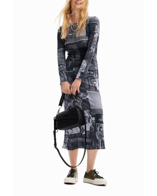 Desigual Blue Slim Newspaper Midi Dress, Polyester