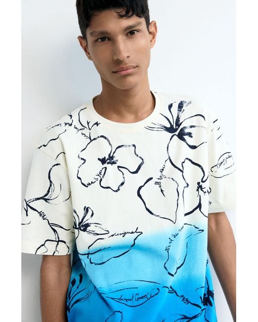 Desigual Blue Tropical Gradient T-Shirt, Cotton for men