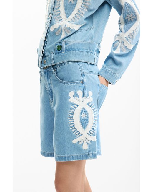 Desigual Blue Embroidered Denim Bermuda, Cotton