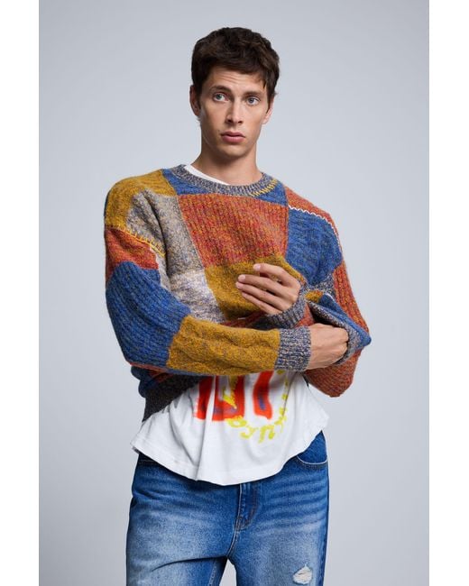 Desigual Blue Patchwork Knit Sweater for men