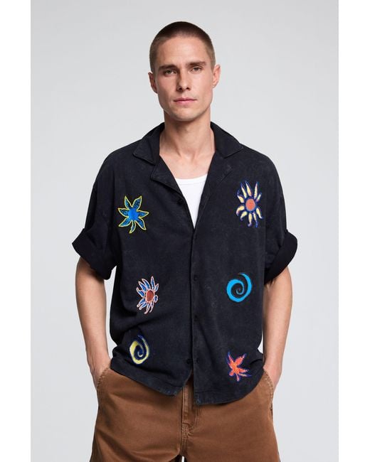 Desigual Blue Embroidered Cotton Shirt, Cotton for men