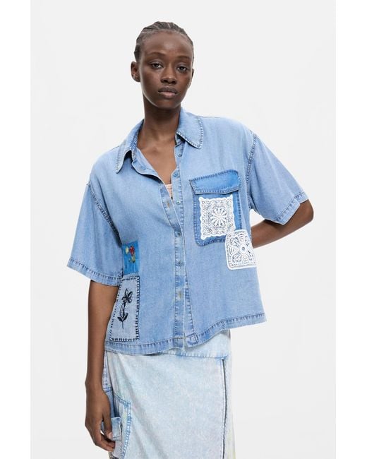 Desigual Blue Patchwork Lyocell Shirt, Lyocell