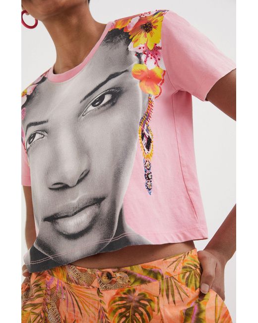 Desigual Pink Arty Beaded T-Shirt, Cotton