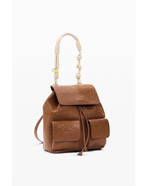 Desigual Brown Small Embroidered Backpack, Polyurethane