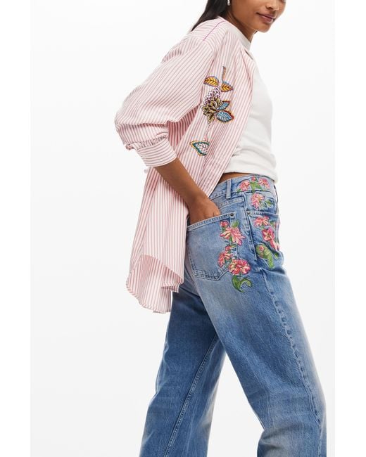 Desigual Blue Long Denim Pants With Flowers, Cotton