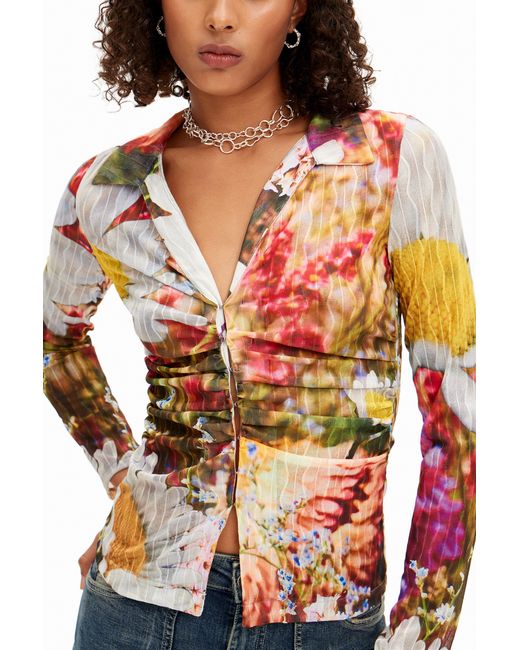 Desigual White Floral Ruched T-Shirt, Polyester