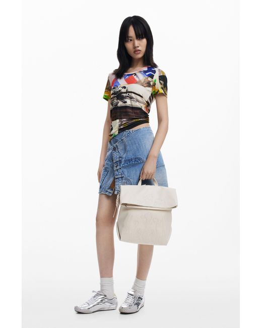 Desigual White Medium Chrome Flap Backpack, Polyurethane