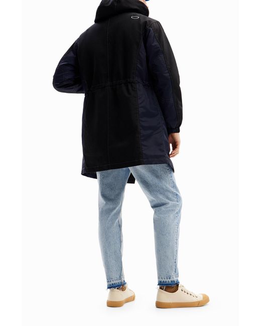 Desigual Black Patchwork Hooded Parka, Polyester for men