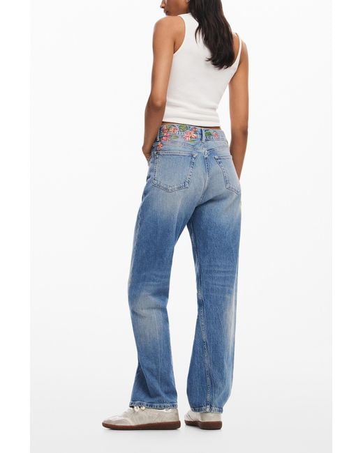 Desigual Blue Long Denim Pants With Flowers, Cotton