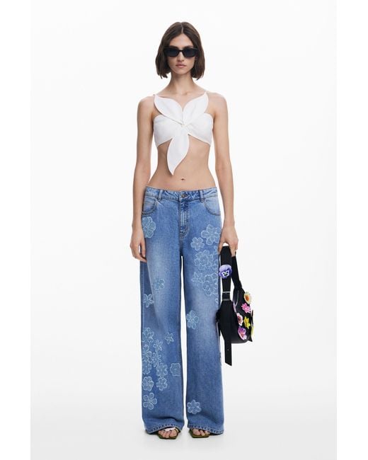 Desigual Blue Tyler Mcgillivary Wide Leg Floral Jeans, Cotton