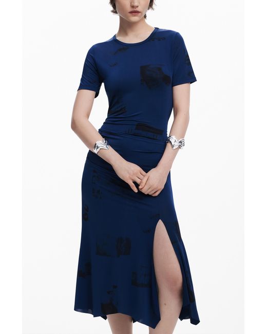 Desigual Blue Asymmetric Postcard Dress, Polyester