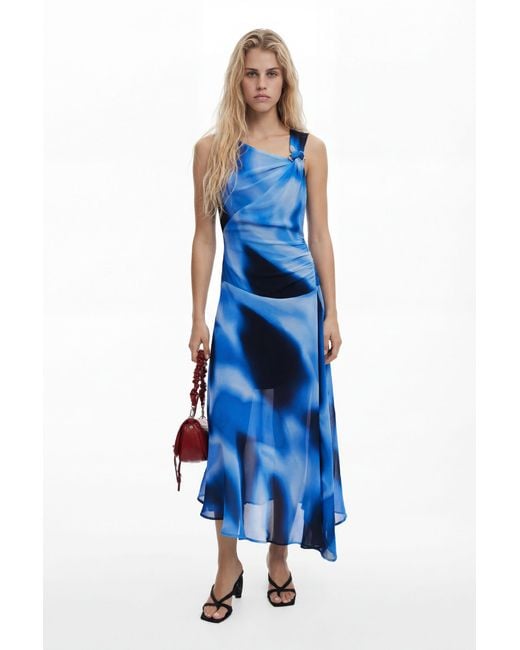 Desigual Blue Asymmetric Long Dress, Viscose
