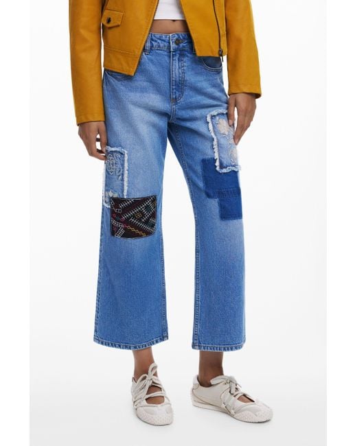 Desigual Blue Cropped Jeans With Patches