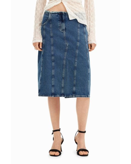 Desigual Blue Midi Skirt, Striped Denim Effect. Cotton