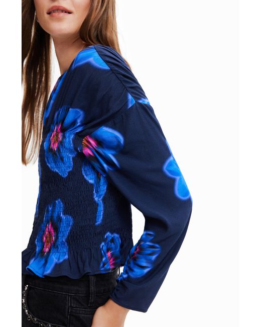 Desigual Blue Floral Ruched Blouse, Viscose