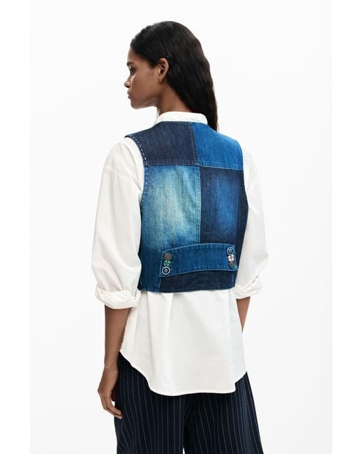 Desigual Blue Patchwork Denim Vest, Cotton