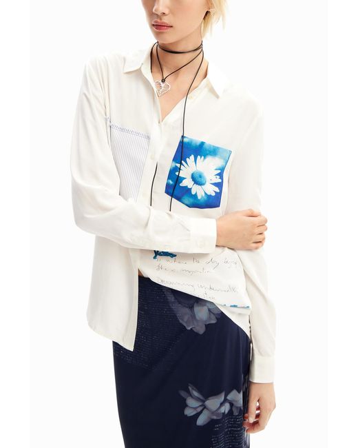 Desigual Blue Patchwork Pocket Daisy Shirt, Viscose