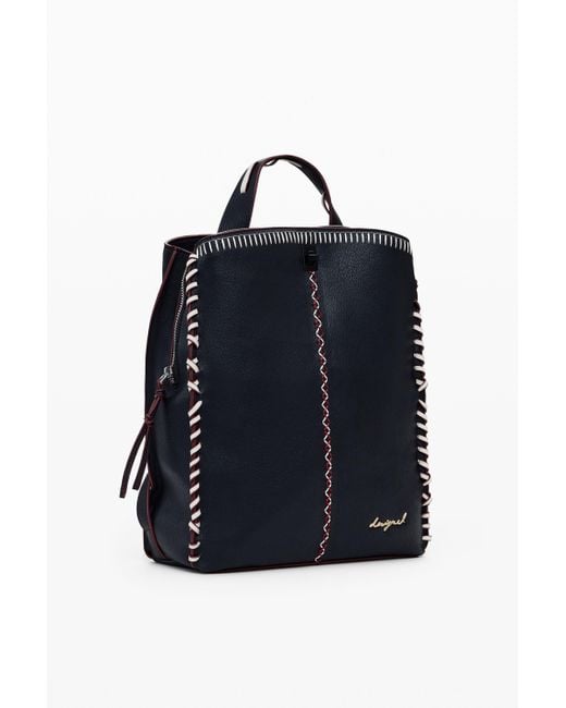 Desigual Blue Large Faux Leather Effect Backpack With Topstitching