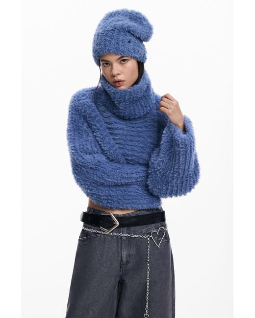 Desigual Blue Pack Cropped Sweater And Beanie, Polyester