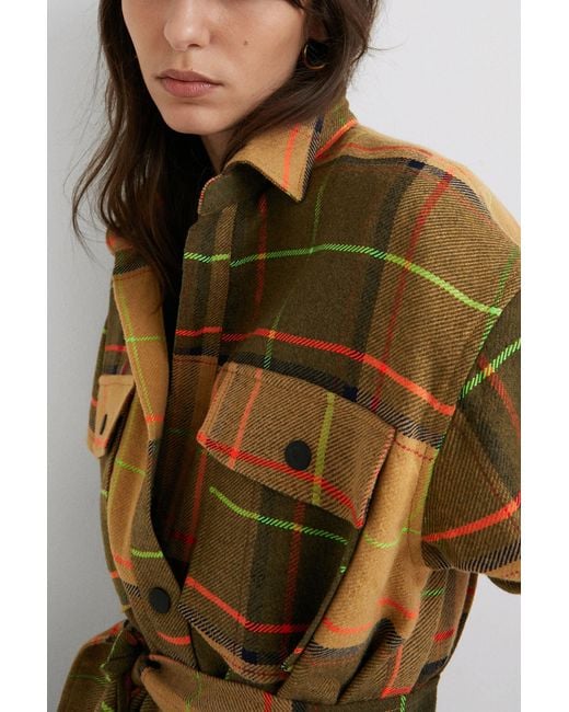 Desigual Brown Long Coat Tartan