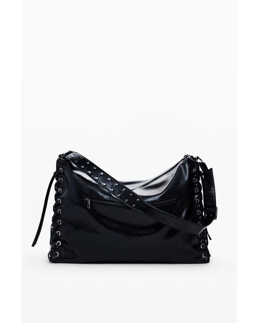 Desigual Black Large Shiny Woven Bag, Polyurethane