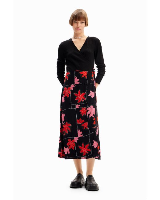 Desigual Black Floral Wrap Midi Dress