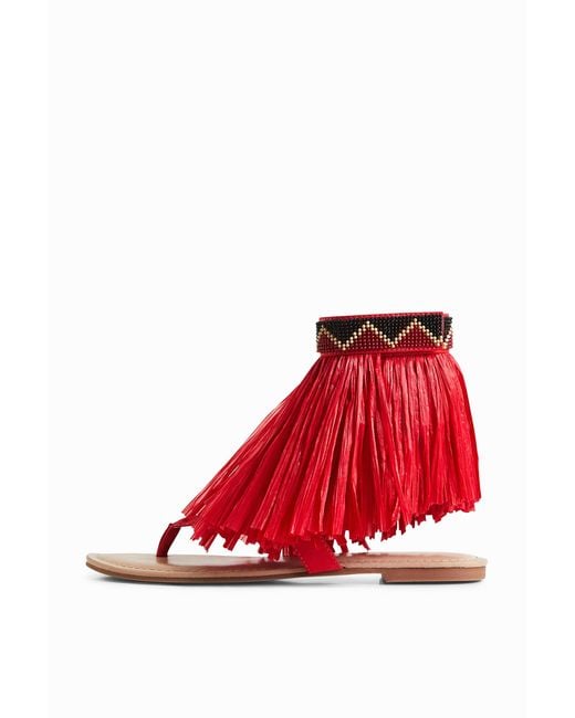 Desigual Red Stella Jean Fringed Flat Sandal, Polyester
