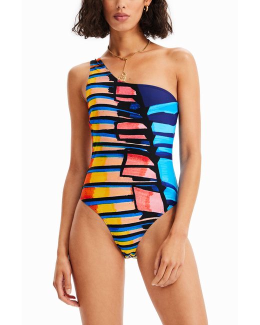 Desigual Blue Asymmetric-Strap Swimsuit
