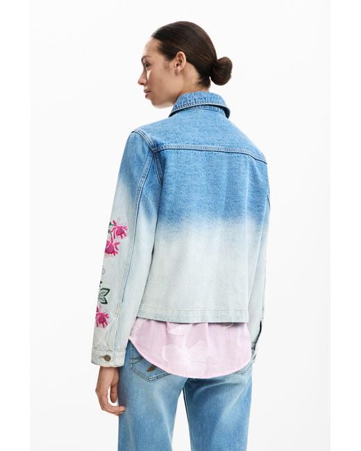 Desigual Blue Denim Jacket Flowers, Cotton