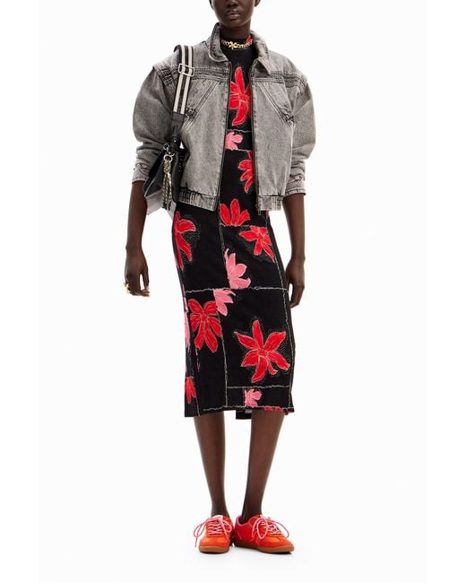 Desigual Red Ribbed Floral Midi Dress, Viscose