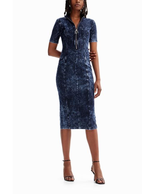 Desigual Blue Zip Midi Dress, Cotton