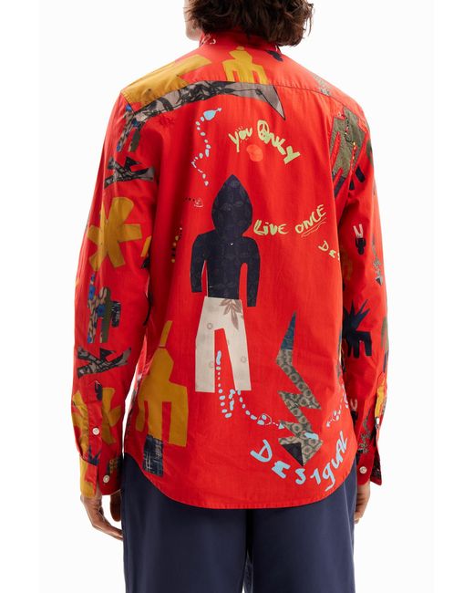 Desigual Red Poplin Shirt With Illustrations. Cotton for men