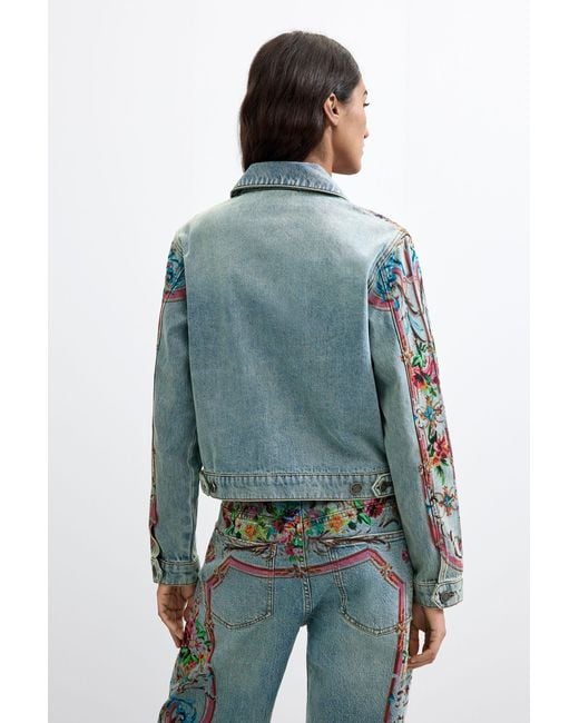 Desigual Blue Embroidered Denim Jacket 100% Cotton, Cotton