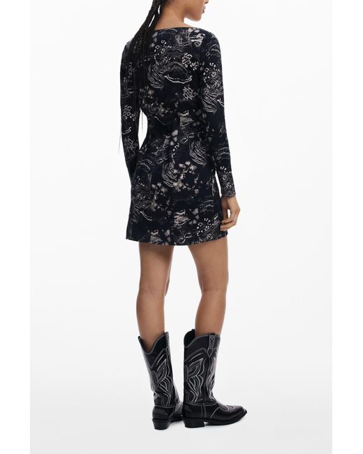 Desigual Black Short Dress With Square Neckline, Cotton