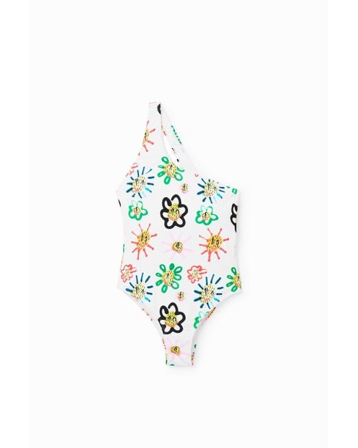 Desigual White Asymmetric-Strap Sun Swimsuit
