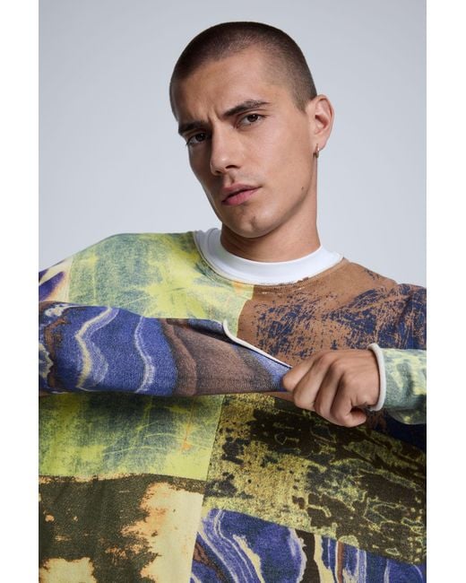 Desigual Gray Patchwork Print Sweater, Cotton for men