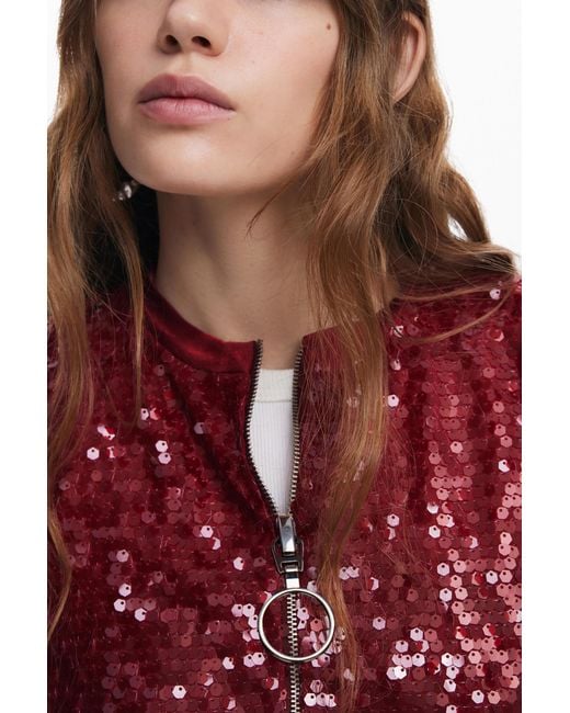 Desigual Red Bomber Jacket With Shine, Polyester