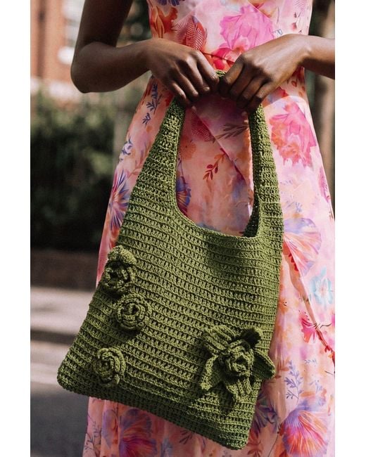 Desigual Green Crochet Bag With Flowers, Cotton