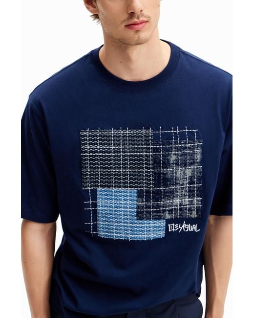 Desigual Blue T-Shirt With Central Patch, Cotton for men
