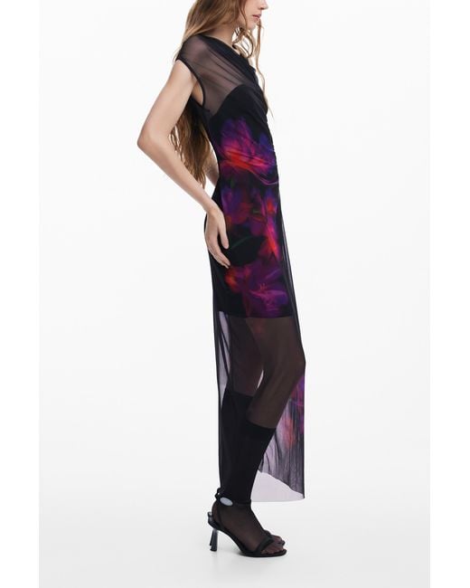 Desigual Black Floral Tulle Dress, Polyester