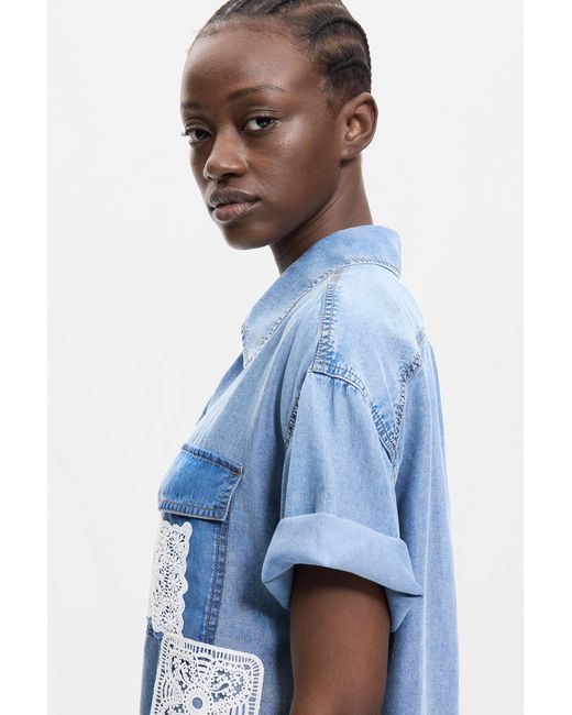 Desigual Blue Patchwork Lyocell Shirt, Lyocell
