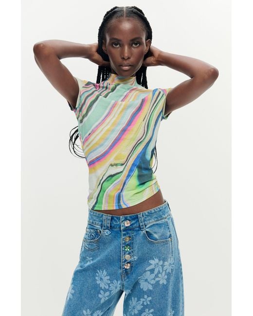 Desigual Blue Printed Wavy T-Shirt, Polyester